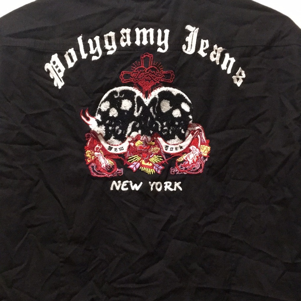 POLYGAMY  motorcycle biker button down embroider patchwork short sleeve size L